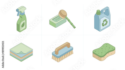 Isometric icon set of eco-friendly cleaning products including spray bottle, soap bar, bamboo brush, recycled detergent jug, microfiber cloths, scrub brush, and sponge for sustainable home care.