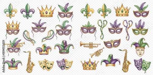 Mardi Gras celebration set with traditional masks, crowns, fleur-de-lis, and musical instruments.