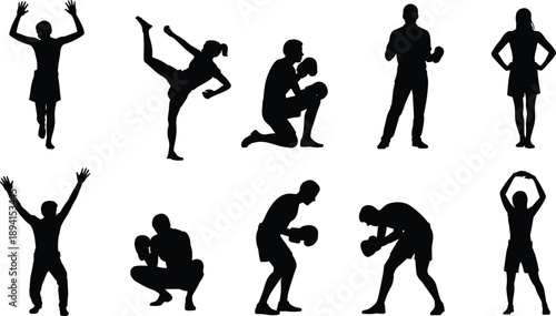 Athletic Pose Silhouettes – Eight Dynamic Figures in Exercise, Boxing, Stretching, and Martial Arts for Fitness, Training, and Physical Education Illustration Use