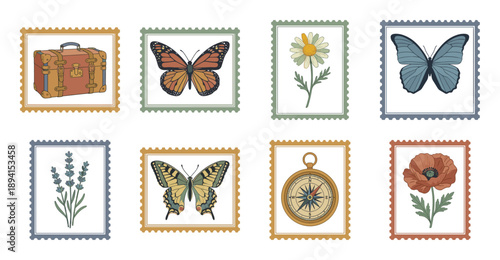 Hand Drawn Vintage Nature and Adventure Postage Stamp Set for Botanical Scrapbooking and Travel Journaling