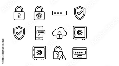 Minimalist Security and Password Manager Icon Set Featuring Padlocks, Fingerprint Scanners, Shields, Cloud Storage, Safes, and Mobile Authentication for Cyber Protection and Data Privacy Design.