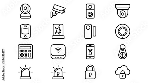 Comprehensive Collection of 16 Home Security System Line Icons Featuring CCTV Surveillance Cameras, Motion Sensors, Glass Break Alarms, Sirens, Keypads, Smart App Control, and Cloud Protection.