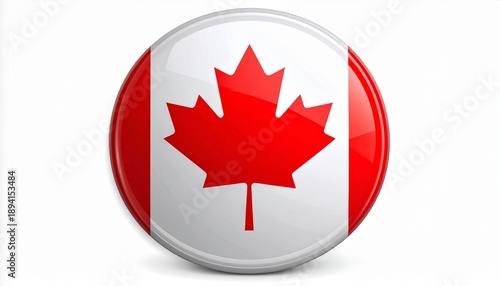 Circular badge of the Canadian flag with red maple leaf and vertical red bars