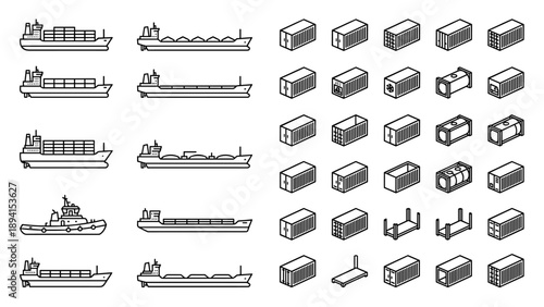 Minimalist Vector Line Icons of Freight Ships and Shipping Containers; Includes Cargo Vessels, Tankers, Tugboats, and Isometric Container Types for Maritime Logistics, Trade, and Transport.