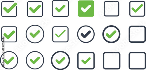 Checkbox and Checkmark Icon Set Showing Selected and Unselected States for User Interface, Forms, Lists, Tasks, and Web Applications