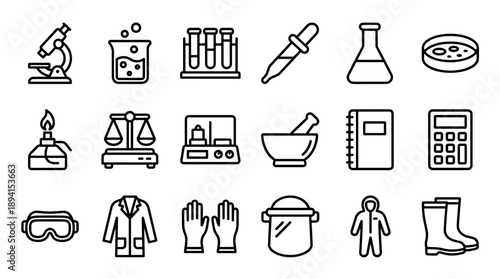 Vector Set of Laboratory Equipment and Scientist Safety Gear Line Icons, Featuring Microscope, Beaker, Test Tubes, Flask, Lab Coat, Goggles, Gloves, and Research Tools for Science and Chemistry