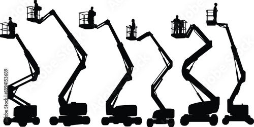 Boom Lift Silhouettes with Operators – Mechanical Arm Configurations for Elevated Work, Construction Safety, and Industrial Equipment Illustration Use