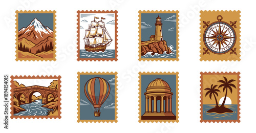 Vintage Illustration Adventure Exploration Postage Stamp Set for Travel Scrapbooking and Nautical Stationery