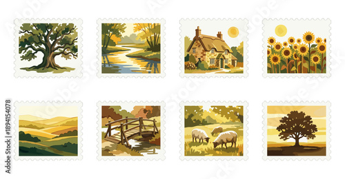 Rustic Autumnal Pastoral Landscape Postage Stamp Collection for Scrapbooking and Stationery Design