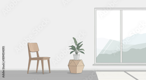 Minimalist Room Interior with Wooden Chair, Potted Plant, and Large Window in a Bright Studio
