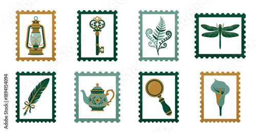 Vintage Aesthetic Antique Object Postage Stamp Collection for Scrapbooking and Stationery Design