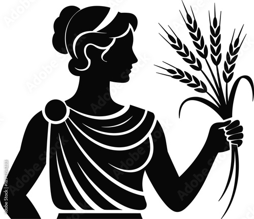 Classical Goddess Silhouette with Wheat – Symbolic Illustration of Agriculture, Fertility, and Abundance for Mythology, Harvest, and Cultural Identity Design Use