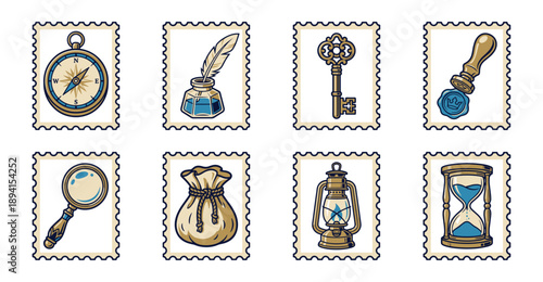 Vintage Hand Drawn Nautical and Explorer Postage Stamp Set for Antique Adventure Branding