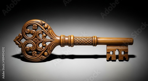 Antique golden key with heart design isolated white background