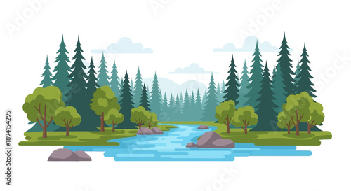 Serene River Flowing Through Green Forest Landscape with Distant Mountains and Blue Sky