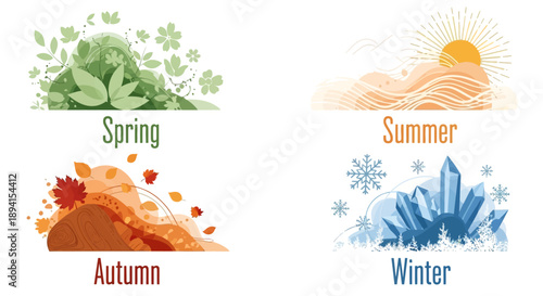 Set of Four Colorful Seasonal Icons Representing Spring, Summer, Autumn, and Winter in a Bright Studio.