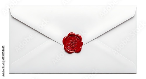 White envelope with red wax seal isolated white background