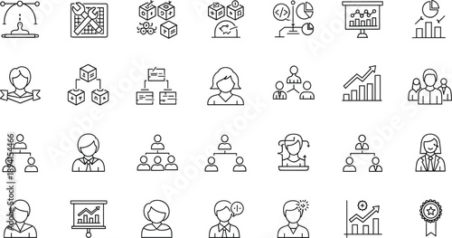 Business Management and Organizational Structure Icon Set Featuring Leadership, Team Hierarchy, Analytics, Performance Growth, Reporting, and Corporate Strategy Concepts