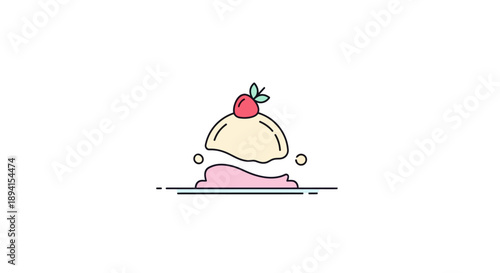 Single Scoop of Vanilla Ice Cream Topped with a Fresh Strawberry on a Minimalist Isolated White Background.