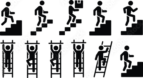 Climbing Silhouette Icons – Stair and Ladder Ascension Illustration for Symbolic Representation of Effort, Progress, and Instructional or Occupational Design Use