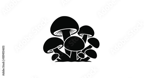A cluster of dark mushrooms shown in a bold silhouette