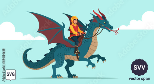 Child Riding a Blue Dragon in the Sky, Fantasy Adventure