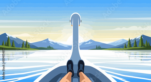 Point of view, person in swan boat on lake, mountains background, summer vacation