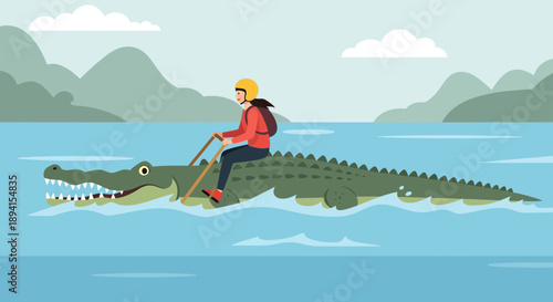 Man Riding Crocodile on Water, Adventure and Wildlife Concept, Flat Design