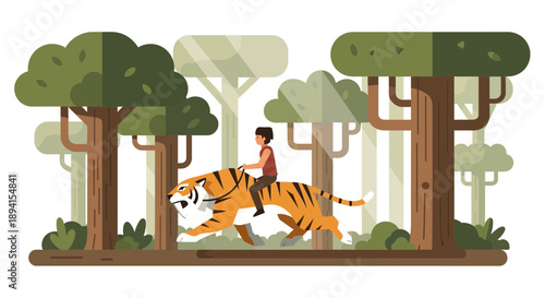 Boy Riding Tiger Through Lush Forest - Flat Design Illustration