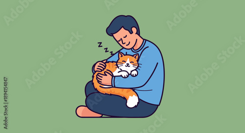 Man Hugging Sleeping Cat, Cozy Companion, Peaceful Pet Love