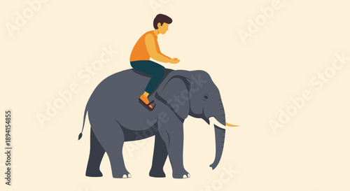 Man Riding Elephant, Metaphor for Control and Power, Vector Illustration