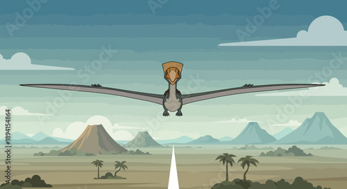 Pixel Art Pterodactyl Flying Over Prehistoric Landscape with Volcanoes