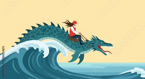 Woman riding a sea dragon through ocean waves, fantasy adventure concept
