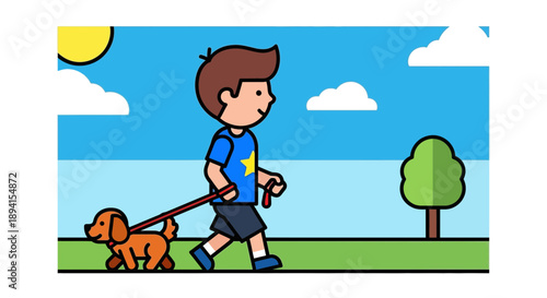 Boy Walking Dog Outdoors, Sunny Day, Cartoon Style