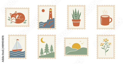 Minimalist Scandi Style Nature and Cozy Lifestyle Postage Stamp Set for Hygge Themed Scrapbooking