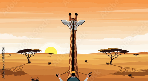 Giraffe Silhouette on African Safari at Sunset with Man Holding Leash
