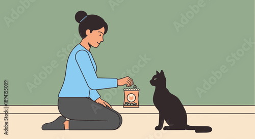 Woman feeding black cat dry food from a bag, pet care, domestic animal
