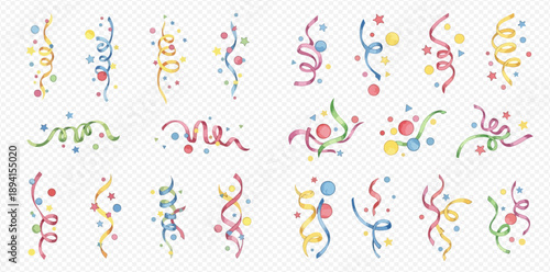 Set of colorful festive confetti and serpentine elements for celebration and party decoration on transparent background.
