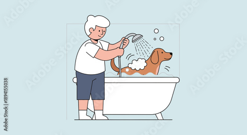 Person washing dog in bathtub with shower, pet care, hygiene, clean concept