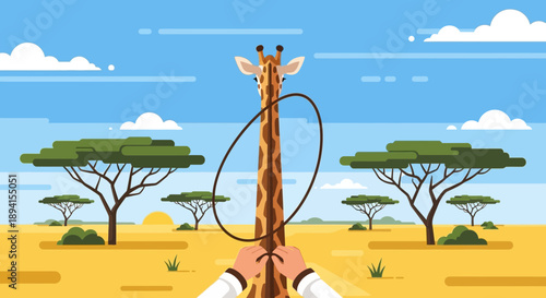 Giraffe Lassoed by Hands in African Savannah Landscape