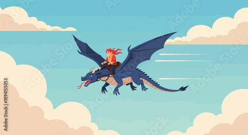 Girl Riding Blue Dragon Flying Through Clouds, Fantasy Adventure