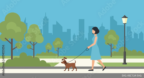 Woman walking dog in park with city skyline background, flat illustration