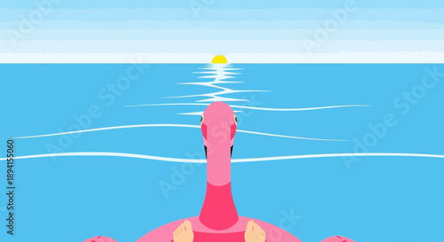 Pink Flamingo Pool Float Sunset Ocean Relaxation
