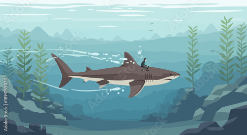 Person Surfing on a Shark in Deep Blue Ocean Waters with Underwater Plants