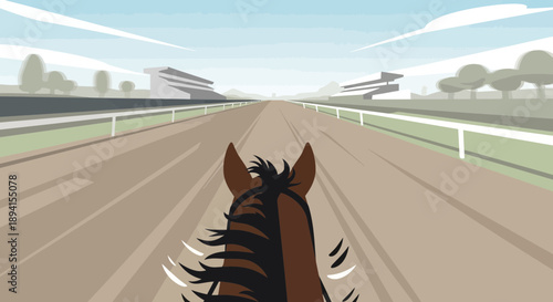 Horseback Racing POV on Track with Grandstands and Blue Sky