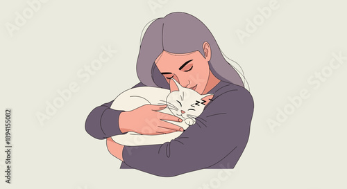 Woman Embracing White Cat, Affectionate Pet Owner and Animal Love
