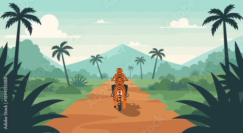Tiger riding motorcycle on dirt road through tropical jungle landscape