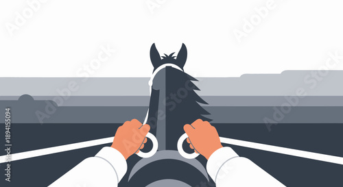 Riding a Horse POV: Hands Holding Reins, Horse Head Silhouette, Landscape