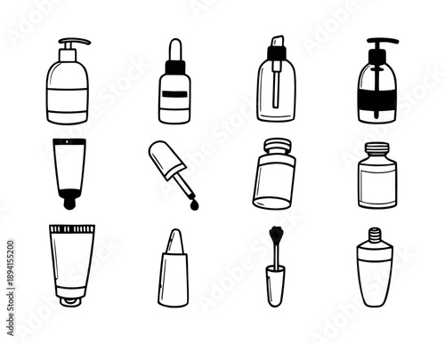 Cosmetic Skincare Bottle Icons Line Art Vector Set for Beauty Packaging Design