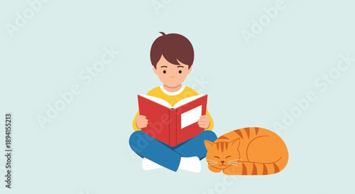 Boy Reading Book Beside Sleeping Cat Illustration